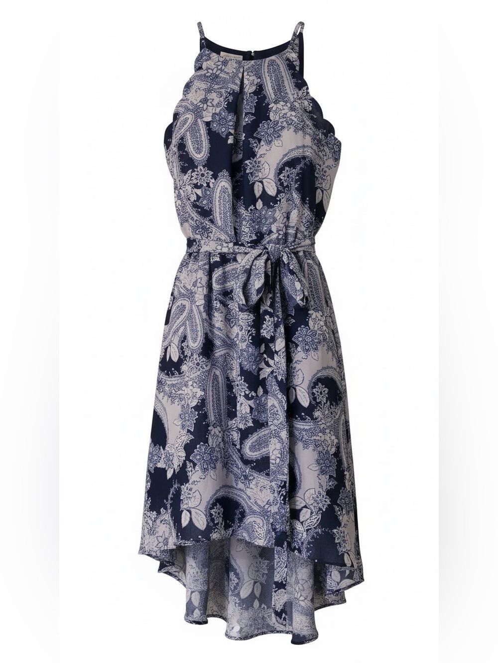 BCX Navy Blue Paisley High-Low Halter Dress Small Tie Waist Sleeveless